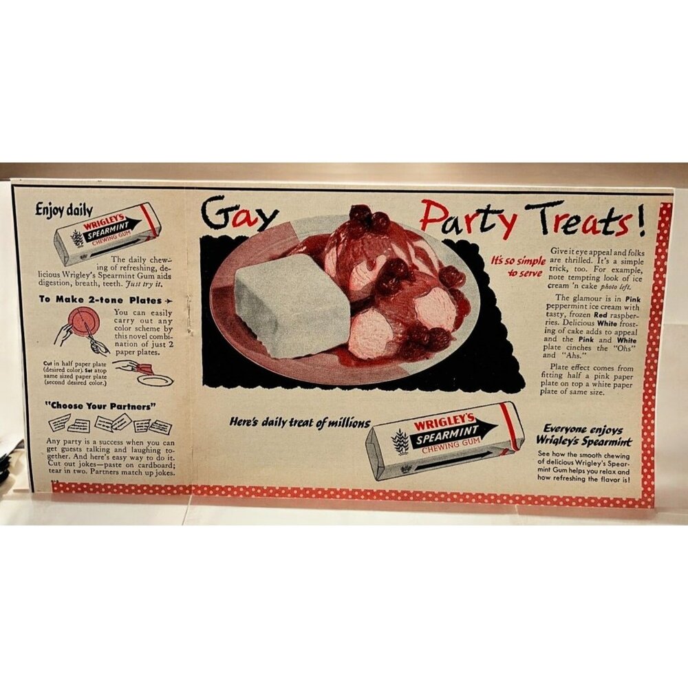 Wrigleys Spearmint Chewing Gum Vintage Print Ad 1950s Mid Century Party Treats